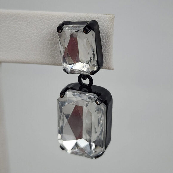 Black & Silver Square Faceted Drop Statement Earrings - Picture 3 of 5